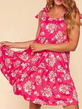 Haptics Hot‎ Pink Floral Tiered Mini Dress Tie Shoulder Boutique Small Flowy
